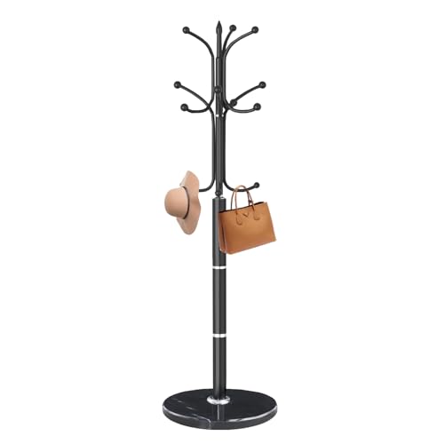 Coat Rack Stand,Black Metal Coat Rack Freestanding with 12 Hooks | Modern Coat Rack with Natural Marble Base,Heavy Duty Coat Hanger Stand, Coat Hall Clothes Tree Stand for Office,Bebroom