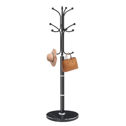Coat Rack Stand,Black Metal Coat Rack Freestanding with 12 Hooks | Modern Coat Rack with Natural Marble Base,Heavy Duty Coat Hanger Stand, Coat Hall Clothes Tree Stand for Office,Bebroom