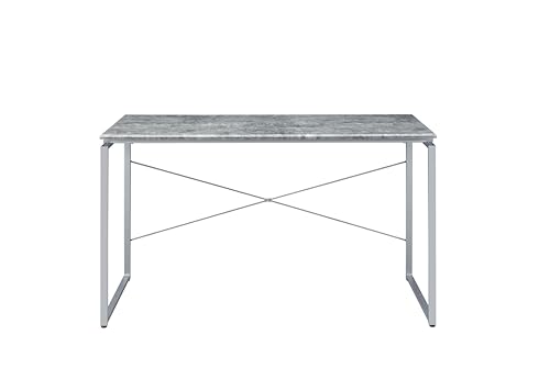Writing Desk with Faux Concrete Top and Silver Metal Base | Faux concrete top, silver metal sled base, wood veneer, 45 L x 22 D x 26 H leg space, 70 lb weight limit