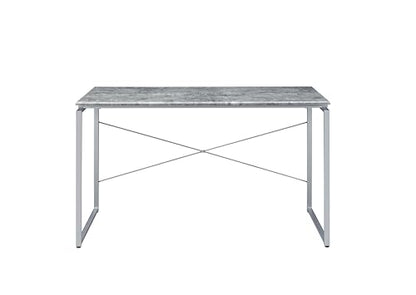 Writing Desk with Faux Concrete Top and Silver Metal Base | Faux concrete top, silver metal sled base, wood veneer, 45 L x 22 D x 26 H leg space, 70 lb weight limit