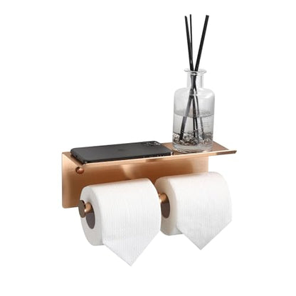 Rose Gold Toilet Paper Roll Holder with Shelf Wall Mounted for Bathroom (Rose Gold, Double Head) - color: Rose Gold