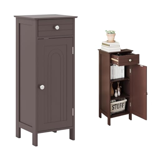 34.5” Bathroom Floor Cabinet, Narrow Side Storage Organizer with Drawer, Single Door, 6 Shelf Positions,Floor Storage Cabinet for Bathroom, Laundry Room, Living Room, Entryway(Brown) - color: Brown