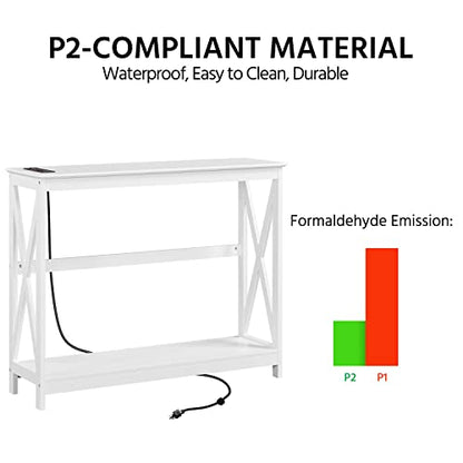 Yaheetech 40" Console Table with 2 Outlet and 2 USB Ports, Wooden Entryway Table with X-Shaped Design, Narrow Sofa Table for Living Room and Hallway,White - color: White