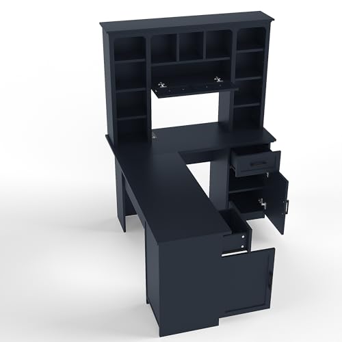 L-Shaped Home Executive Desk with 2 Cabinets and 2 Drawers, Computer Desk with Power Outlet, 11 Open Shelves and 1 Right Flip Shelf with Storage for Study, Living Room and Office (Antique Blue-02) - color: Antique Blue-02