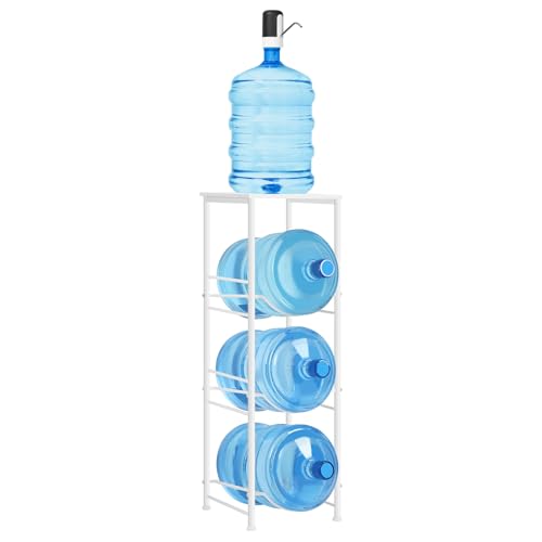 OYEAL 5 Gallon Water Bottle Jug Holder 3-Tier Water Bottle Holder Organizer with Top Shelf, Heavy Duty Water Dispenser Stand Rack for Kitchen Living Room Office, White - style: Round Tube White
