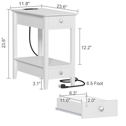 Treocho End Tables Living Room Set of 2 with Charging Station and 2 Drawers | Narrow Side Table with Ample Storage, Sofa Bedside Table for Small Spaces, Living Room, Bedroom, White - color: White