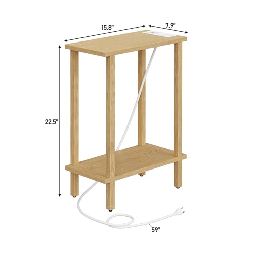 TUTOTAK Small End Table with Charging Station, Narrow Side Table with USB Ports and Outlets, Skinny Sofa Table, Slim Nightstand, Living Room, Bed Room, Natural TB01BN060 - color: Natural, size: 2-tier