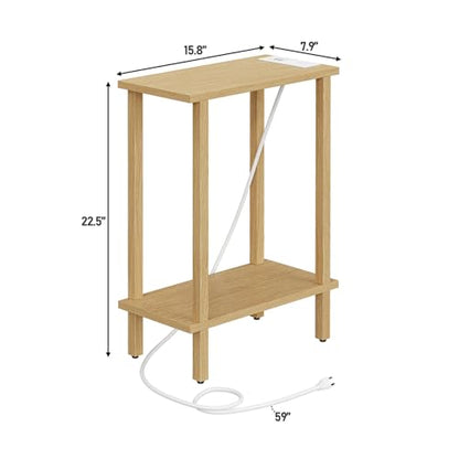 TUTOTAK Small End Table with Charging Station, Narrow Side Table with USB Ports and Outlets, Skinny Sofa Table, Slim Nightstand, Living Room, Bed Room, Natural TB01BN060 - color: Natural, size: 2-tier