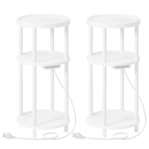 HOOBRO Set of 2 Small Round Side Tables with Charging Station, 3-Tier Round Bamboo End Tables, Easy Assembly, for Living Room, Bedroom, Apartment, White WT152UBZP201 - color: White