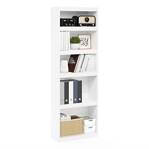 Furinno JAYA Book Shelf, 5-Tier Bookshelf, Enhanced Home Bookcase with Adjustable shelf, 9.5" x 24.5" x 71.1", for Organization and Storage, for Living Room, Bedroom, Home Office, White - color: White, size: 5-Tier, Thick Adjustable Shelves