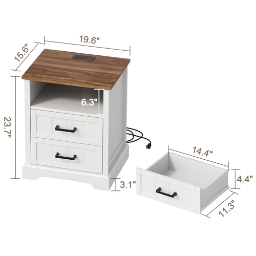 ChooChoo Farmhouse Night Stands with Charging Station, Wood Nightstand with 2 Drawers, Bedside Table with Open Storage Shelf for Bedroom, White