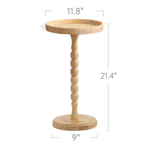Small Side Table，Rattan Round Drink Tables for Small Spaces, Boho Circle Accent Table Coffee Table with Solid Wood Leg for Living Room, Pedestal Table for Bedroom, Corners - size: High: 21.4", style: Boho side table B