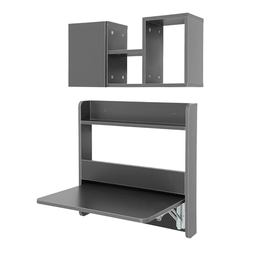 Wall Mounted Bookshelf with Moveable Cabinets, Multifunctional Folding Floating Desk, Fold Down Laptop Table with Storage Shelves for Bedroom Study Room Space Saving Small Space Garage (Grey) - color: Grey