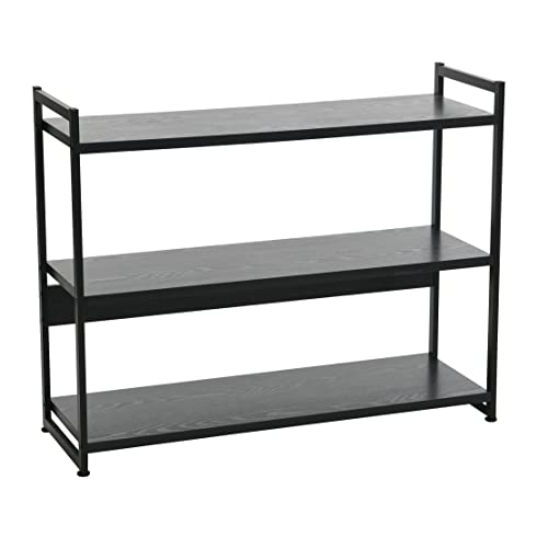 Household Essentials Jamestown Wide 3 Shelf Open Storage Bookshelf Black Oak Wood Grain and Black Metal - color: Black Oak