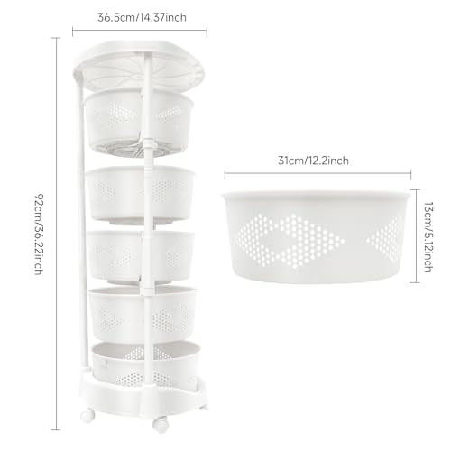 5-Tier Adjustable Kitchen Storage Rack,5 Layer Rotating Vegetable Organizer with Lockable Casters,Multi-Layers Rotatable Baskets for Kitchen Bathroom Living Room,White - size: 5-Tier