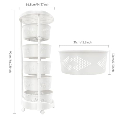 5-Tier Adjustable Kitchen Storage Rack,5 Layer Rotating Vegetable Organizer with Lockable Casters,Multi-Layers Rotatable Baskets for Kitchen Bathroom Living Room,White - size: 5-Tier