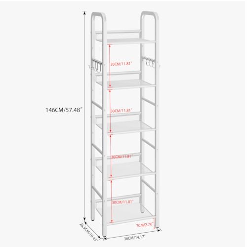 YMYNY 5 Tier Bookshelf, Freestanding Bookcase for Living Room, Bedroom, Home Office, Multi-Functional Storage Rack Organizer, Display Rack with Metal Frame, Rust Resistance, White, UHBC055W - size: 5-Tier (10.43"x14.17"x57.48")