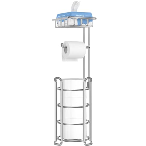 TomCare Toilet Paper Holder Stand with Storage Shelf Tissue Paper Roll Dispenser Free Standing 4 Raised Feet Toilet Paper Storage Metal Bathroom Organizers and Storage - color: Silver Grey, size: With Shelf