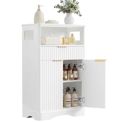 Bathroom Storage Cabinet, Freestanding Floor Storage Organizer with 2-Doors, 1-Drawer and Adjustable Shelf, Small Storage Unit for Bathroom, 23.6" W x 12.2" D x 38.9" H (White) - color: White