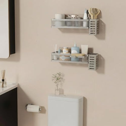 PUSDON 5-in-1 Wide Wall Mount Wrapped Mesh Kitchen Organizer & Shower Caddy Kit, with Paper Towel Holder, Utensil Holder, Soap Dish, Heavy Duty 50LBS - Silver Gray, Netting - color: Silver Grey, size: 5-in-1 Full Mesh (12.6" Wide)