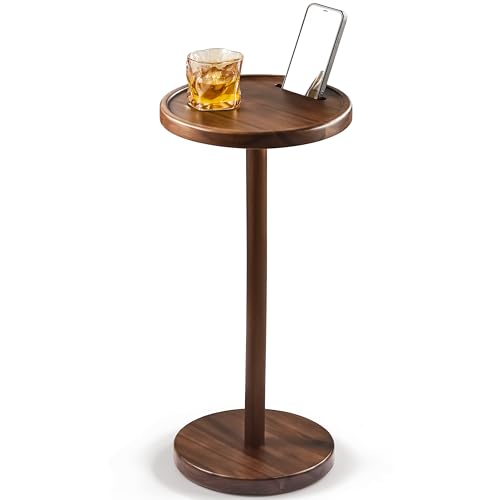 BLUEWEST Drink Table, 24.4" Tall Compact Side Table with Phone Slot and Weighted Base, Durable Pedestal Table Accent for Living Room (Flat, Walnut) - color: Large Walnut