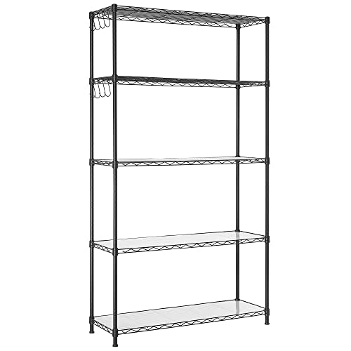SONGMICS 5-Tier Storage Shelves, Wire Shelving Unit, Kitchen Metal Shelves, Storage Rack with Adjustable Shelves, Shelf Liners, 8 Hooks, for Garage, 11.8 x 35.4 x 63 Inches, Black ULGR095B01 - color: Ink Black, size: 5 Tiers (11.8"D x 35.4"W)
