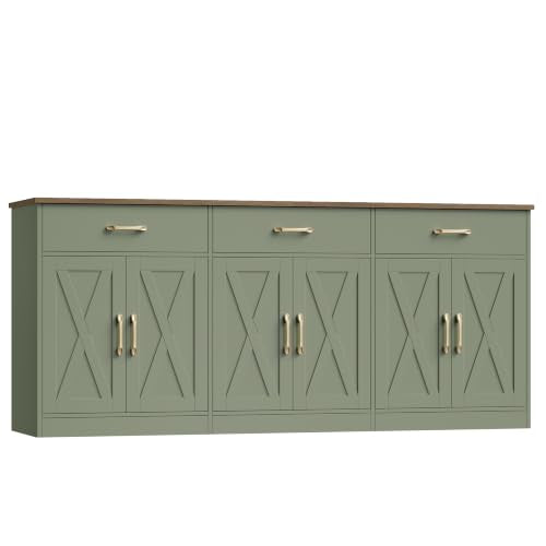 HOSTACK 71" W Kitchen Sideboard Buffet Cabinet with Storage, Green/Brown | Farmhouse Coffee Bar Cabinet with Wide Drawers, Large Buffet Table with Shelves, Long Kitchen Storage Cabinet for Dining Room - color: Green/Brown