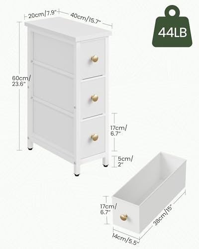 CHOEZON Narrow Side Table with 3 Fabric Drawers, Industrial Slim Bedside Table for Small Spaces, Bedroom, Living Room, Dormitory, White TBZ09WB - color: White