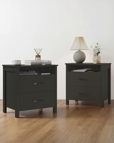 Farmhouse Nightstand Set of 2, Rustic Nightstand with 2 Drawers, Wood End Table with Open Shelf, Side Table for Bedroom, Black - color: Black, size: 2 Pieces