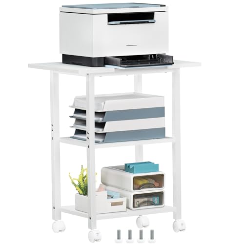 Lerliuo 3-Tier Printer Stand, Industrial Mobile Printer Table with Storage Shelf and Steel Frame, Rolling Printer Cart Holder with Lockable Wheels for Home, Office (White) | White Mobile Printer Cart Holder for Home Office, Lockable Wheels, Open Storage S