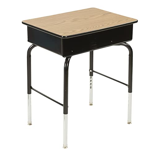 ECR4Kids Open Front Desk with Metal Storage Book Box, Adjustable, Classroom Furniture, Oak - color: Black and Oak