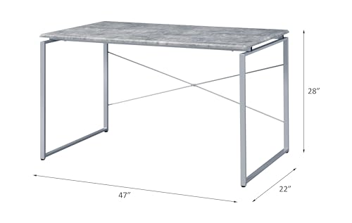 Writing Desk with Faux Concrete Top and Silver Metal Base | Faux concrete top, silver metal sled base, wood veneer, 45 L x 22 D x 26 H leg space, 70 lb weight limit