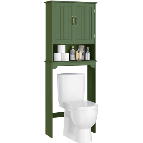 Yaheetech Over The Toilet Storage Cabinet, Over Toilet Cabinet with Adjustable Shelf, Bathroom Storage Organizer with Double Wood Doors, Green - color: Green