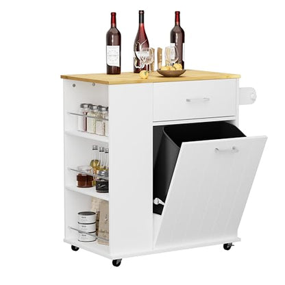 HQZX Rolling Kitchen Island with Trash Can Storage, Portable Kitchen Island on Wheels with Towel Rack & Spice Rack, Tilt Out Trash Can Cabinet with Drawer, Mobile Island Cart (White) - color: White
