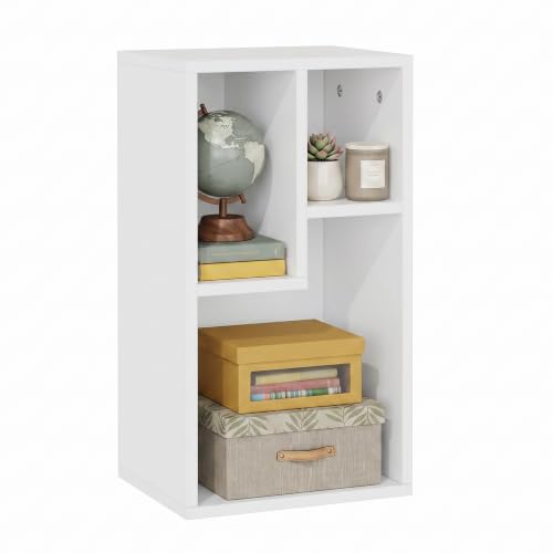 VECELO 11.8" Open Bookshelf, Waterproof Particle Board Asymmetrical Split Cubby Storage Organizer, White Uneven Compartment Display Cube for Tall Books, Bedroom Dorm Office - color: White, size: Standard