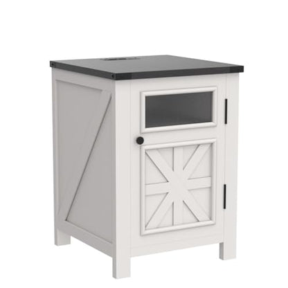 JXQTLINGMU Farmhouse End Table with Charging Station, 18'' Rustic Nightstand with Barn Door & Adjustable Shelf, Wooden Sofa Side Table with 3-Tier Storage for Living Room, Bedroom, White - color: White
