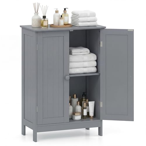 Tangkula Bathroom Storage Cabinet, Freestanding Wooden Floor Cabinet with Double Doors, Adjustable Shelf, Modern Storage Organizers for Kitchen, Living Room, Entryway (Gray) - color: Grey