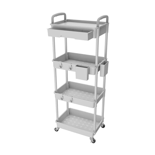4 Tier Rolling Utility Cart with Drawer,REBECAT Utility Cart Made of Multifunctional Storage Organizer Tool for Kitchen,Bathroom,Living Room,Office(Gray) - color: Gery