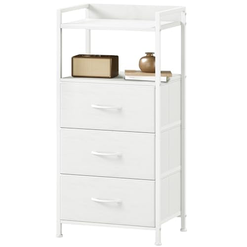 Somdot Nightstand with 3 Drawers, Dresser with Fabric Bins for Bedroom, Hallway, Entryway, Night Stand Bedside Table Furniture, Sturdy Steel Frame, Wooden Top, Easy Pull Fabric Bins, White Leather - color: White Leather, size: 11.4"D x 15.2"W x 30.6"H (3