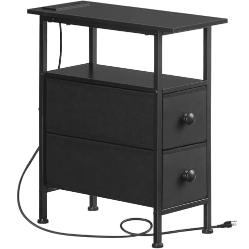 HOOBRO End Table with Charging Station, Narrow Side Table with 2 Fabric Drawers, Skinny Nightstand with Storage, Slim Bedside Table for Bedroom, Living Room, Small Spaces, Black BB487UBZ01 - color: Black, size: 7.8"L x 18.9"W x 23.6"H
