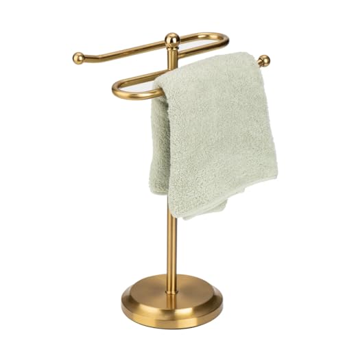 J&V TEXTILES Classical Steel Towel Rack Holder Stand with 2 Hanging Rings for Bathroom Vanity Countertops - Space Saving Hand Towel Holder (Aged Brass) - color: Aged Brass