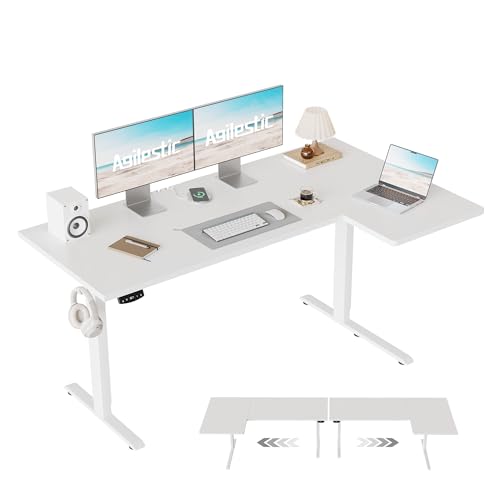 Agilestic 55 Inch Reversible L Shaped Standing Desk, Electric Height Adjustable Desk with Memory Preset, Sit Stand Up Computer Workstation for Home Office, Splice Board, White - color: White, size: 55 x 28 Inch