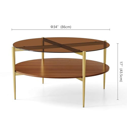 LumFurn Extra Large Round Coffee Table, Mid-Century Modern Design, D34 x H17 in, for Living Room, 2-Tier Structure, Amber Glass Top and Walnut MDF Shelf, Sleek Conical Metal Legs with Gold Finish - color: Amber & Walnut, size: D34" Round Coffee Table