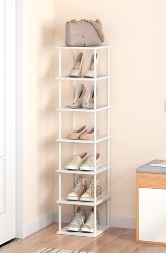 Vertical Tall Shoe Rack Organizer for Entryway -7 Tier Free Standing Slim Narrow Bamboo Wood Corner Stackable Shoe Boots Storage Stand Small Spaces for Closet Garage Cloakroom Living Room (White) - color: White, size: 7 Tier