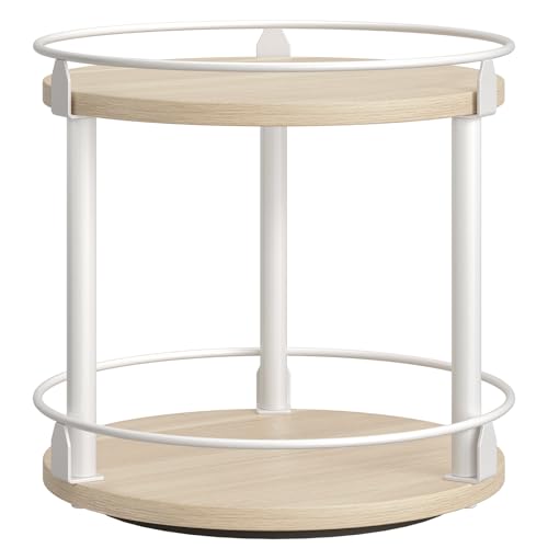 Lazy Susan Organizer, Rotating Spice Rack, 2 Tier Spice Turntable Organizer, Industrial Turntable Spice Holder, for Kitchen Countertop, Compact and Versatile, White and Light Oak SR22WG - color: White + Light Oak, size: 10.2"L x 10.2"W x 11"H