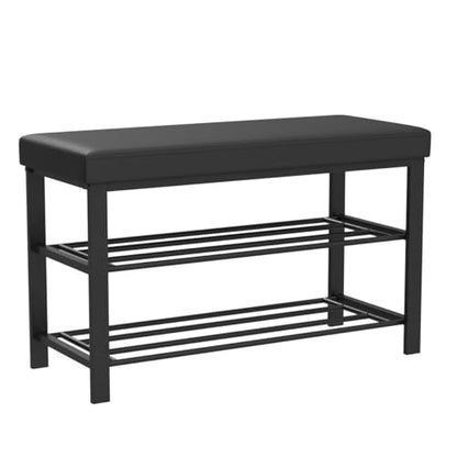 Finnhomy Entryway Shoe Rack with Cushioned Seat, Shoe Bench for Entry, 2 Shelves Storage Bench w/Faux Leather Top Bed Bench, Black - style: Traditional