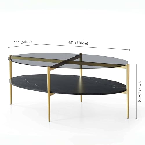 LumFurn Oval Glass Coffee Table, Mid-Century Modern Design, L43 x W22 x H17 inch, Surfboard Shaped Grey Glass Top and Black Marble Finish Wood Shelf, Tapered Legs with Gold Finish Frame - color: Grey & Black Marble, size: L43" Surfboard Coffee Table