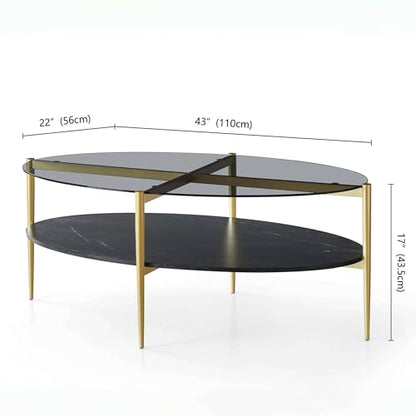 LumFurn Oval Glass Coffee Table, Mid-Century Modern Design, L43 x W22 x H17 inch, Surfboard Shaped Grey Glass Top and Black Marble Finish Wood Shelf, Tapered Legs with Gold Finish Frame - color: Grey & Black Marble, size: L43" Surfboard Coffee Table