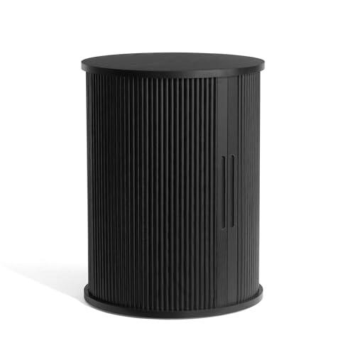 LINSY HOME Round Fluted End Table, Tall Side Table with Sliding Tambour Door and Storage Shelf, Mid Century Modern Nightstand for Living Room, Bedroom, Black - color: Black