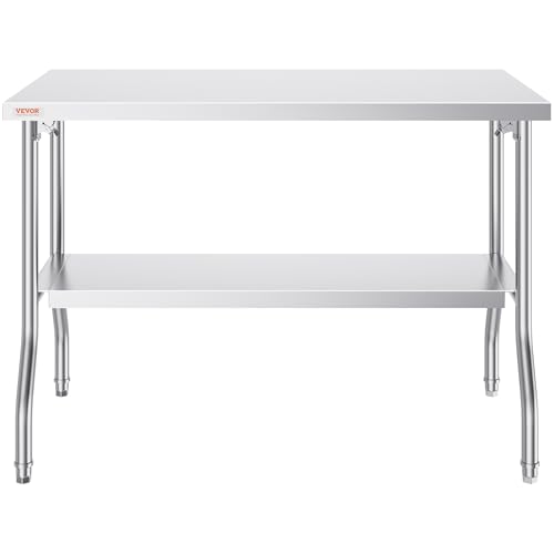 VEVOR Stainless Steel Foldable Work Table, 48 * 24 Inch Heavy Duty Food Outdoor Double Layer Stainless Steel Worktable for Commercial Kitchen Restaurant - size: Double layer 48 * 24, style: Foldable
